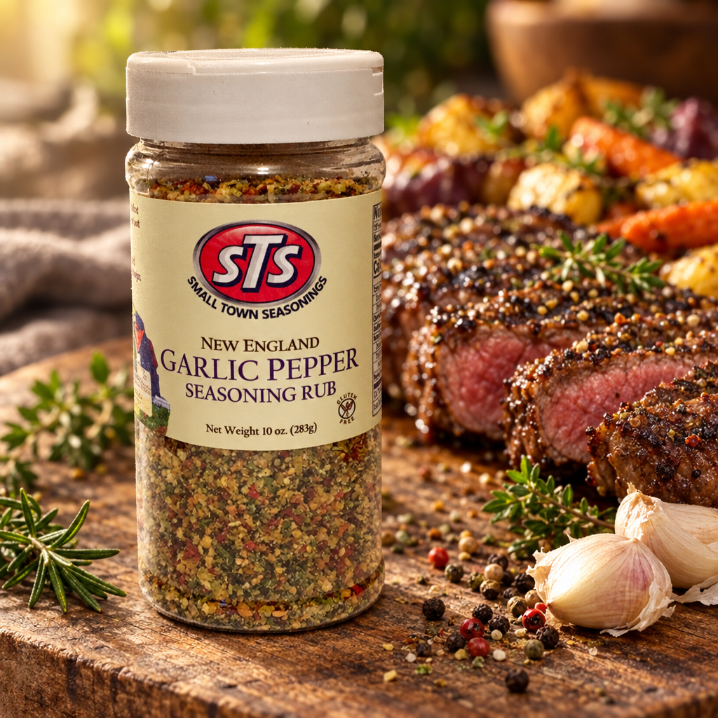 Garlic pepper jar styled with grilled steak and vegetables