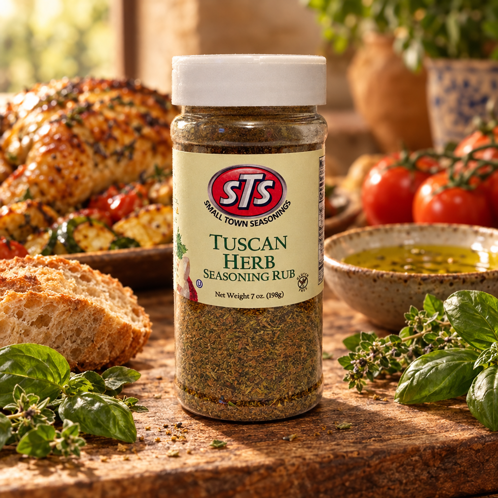 Tuscan Herb Seasoning Rub jar on a wood board with roasted chicken, olive oil, bread, tomatoes and fresh herbs