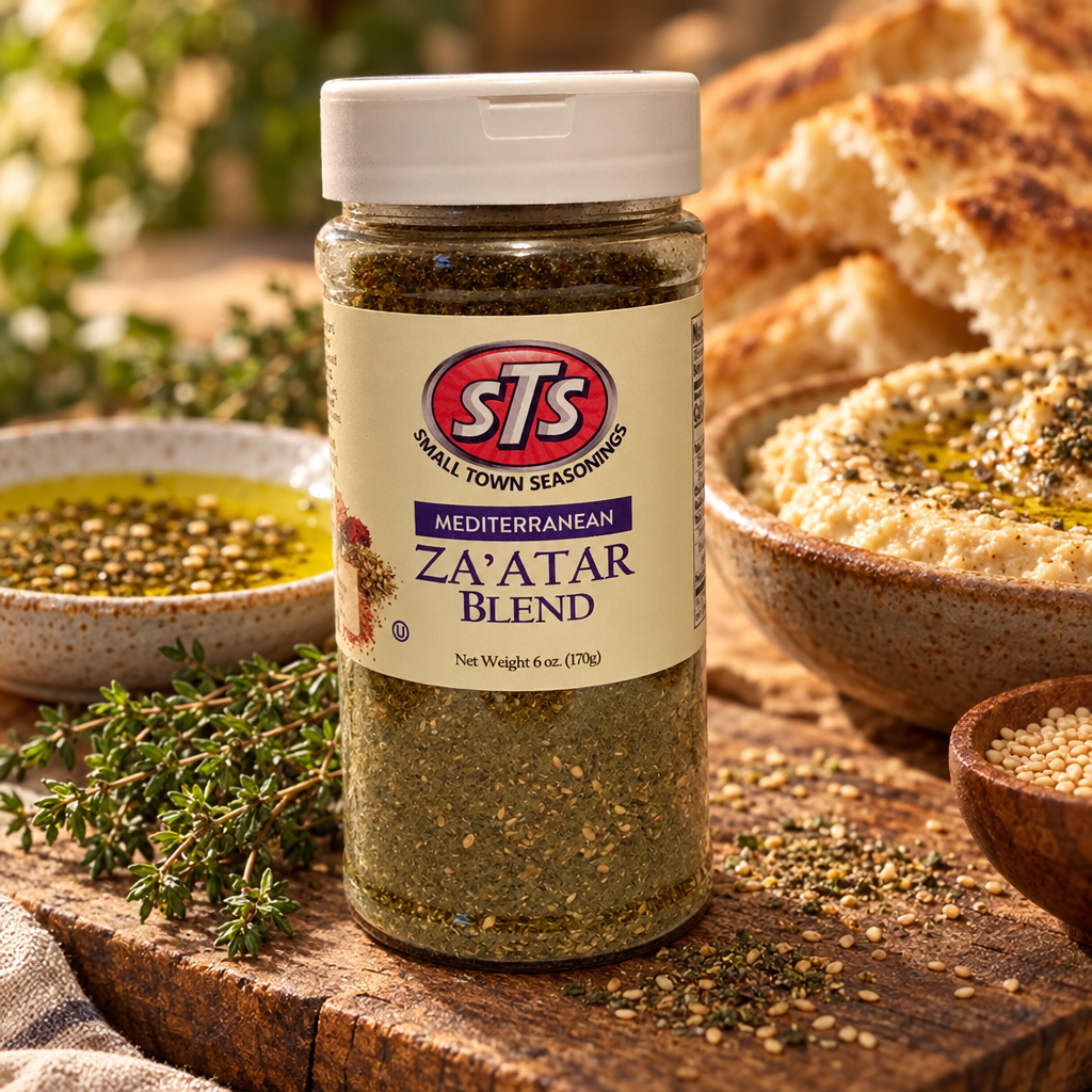 Za'atar Blend jar on a wood board with olive oil, flatbread, hummus and fresh thyme