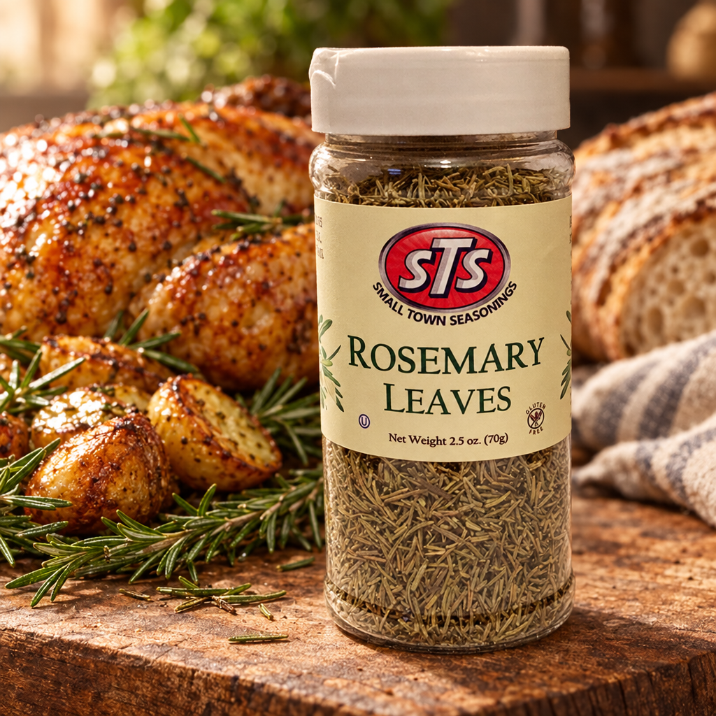 Rosemary Leaves jar on a wood board with roasted chicken, potatoes and fresh rosemary