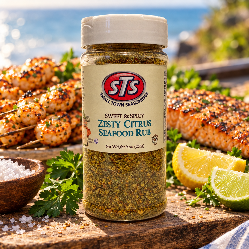 Zesty Citrus Seafood Rub jar on a wood board with grilled shrimp, salmon and citrus wedges