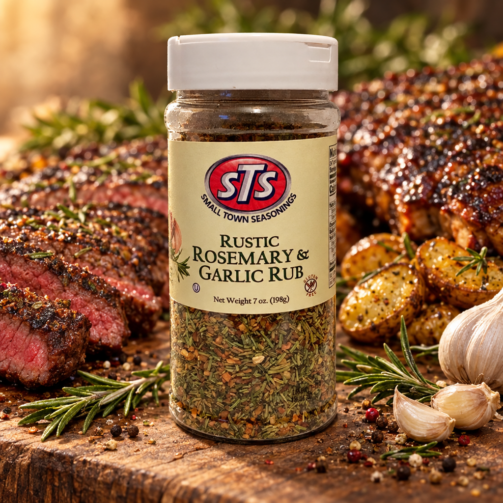Rustic Rosemary and Garlic Rub jar on a wood board with grilled steak, roasted potatoes, garlic and rosemary